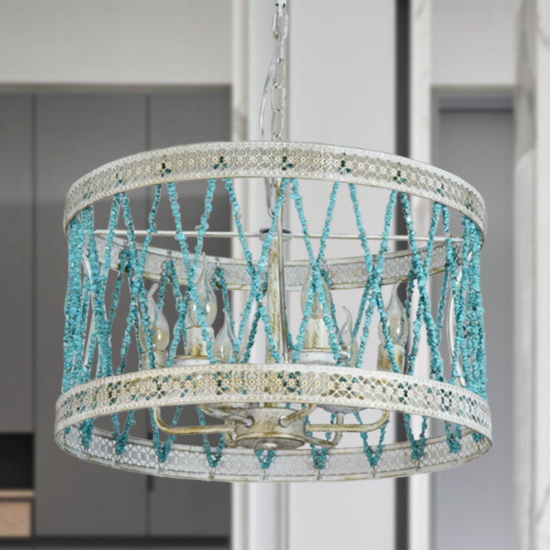 Stone Cylinder Chandelier Lamp Retro 4/6 Bulbs Blue Pendant Lighting Fixture with Adjustable Chain Clearhalo 'Ceiling Lights' 'Chandeliers' Lighting' options 342043
