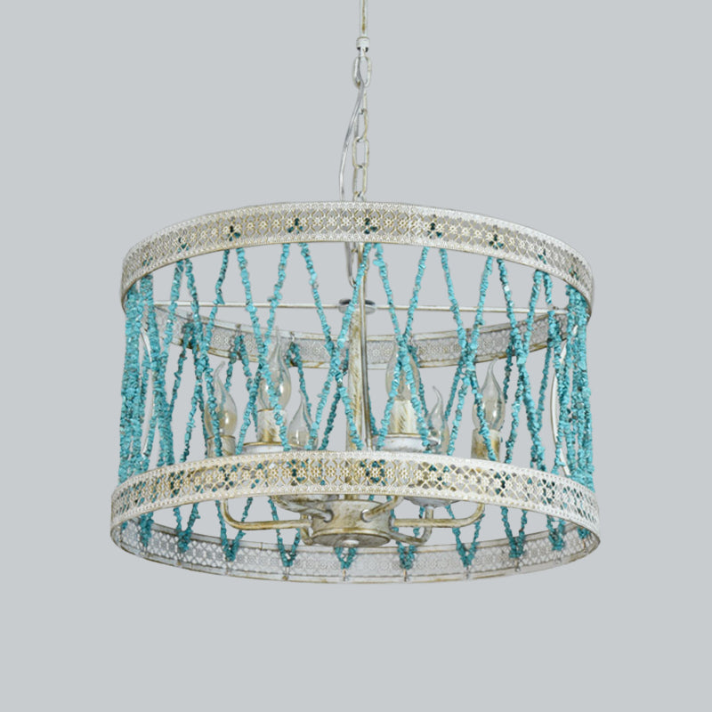 Stone Cylinder Chandelier Lamp Retro 4/6 Bulbs Blue Pendant Lighting Fixture with Adjustable Chain Clearhalo 'Ceiling Lights' 'Chandeliers' Lighting' options 342045