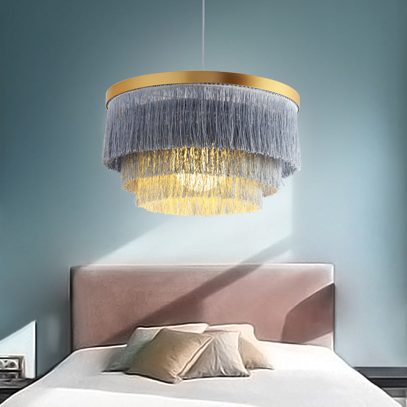 1 Bulb 3-Layer Pendant Lamp Modern Fabric Suspended Lighting Fixture in Grey/White/Blue for Bedroom Grey Clearhalo 'Ceiling Lights' 'Pendant Lights' 'Pendants' Lighting' 342071_1fe212ac-0ec1-4a9a-9745-7a711add02ae