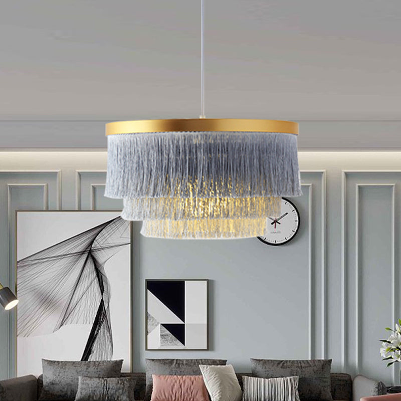 1 Bulb 3-Layer Pendant Lamp Modern Fabric Suspended Lighting Fixture in Grey/White/Blue for Bedroom Clearhalo 'Ceiling Lights' 'Pendant Lights' 'Pendants' Lighting' 342072
