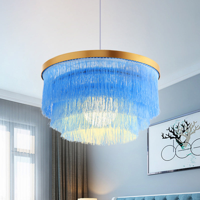 1 Bulb 3-Layer Pendant Lamp Modern Fabric Suspended Lighting Fixture in Grey/White/Blue for Bedroom Clearhalo 'Ceiling Lights' 'Pendant Lights' 'Pendants' Lighting' 342075