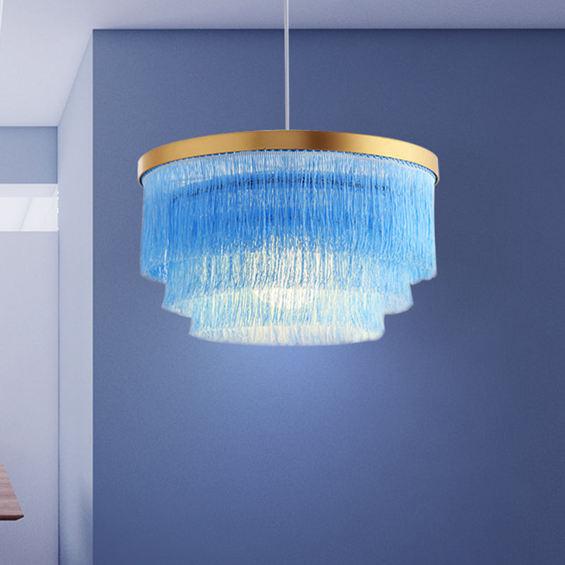 1 Bulb 3-Layer Pendant Lamp Modern Fabric Suspended Lighting Fixture in Grey/White/Blue for Bedroom Clearhalo 'Ceiling Lights' 'Pendant Lights' 'Pendants' Lighting' 342076