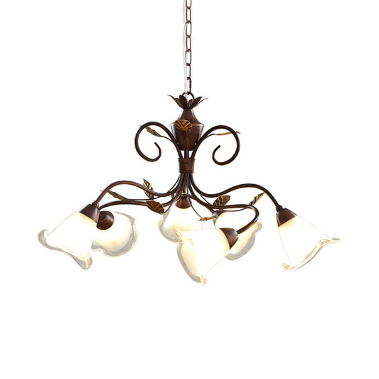 6 Heads Bedroom Hanging Chandelier Contemporary Red Brown Ceiling Pendant Light with Flower Frosted Glass Shade Clearhalo 'Ceiling Lights' 'Chandeliers' 'Close To Ceiling Lights' 'Glass shade' 'Glass' Lighting' 342092