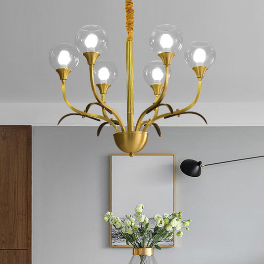 Brass Ball Ceiling Chandelier Nordic Clear Glass 3/6 Heads Hanging Light Fixture for Living Room 6 Brass Clearhalo 'Ceiling Lights' 'Chandeliers' 'Close To Ceiling Lights' 'Glass shade' 'Glass' Lighting' 342099