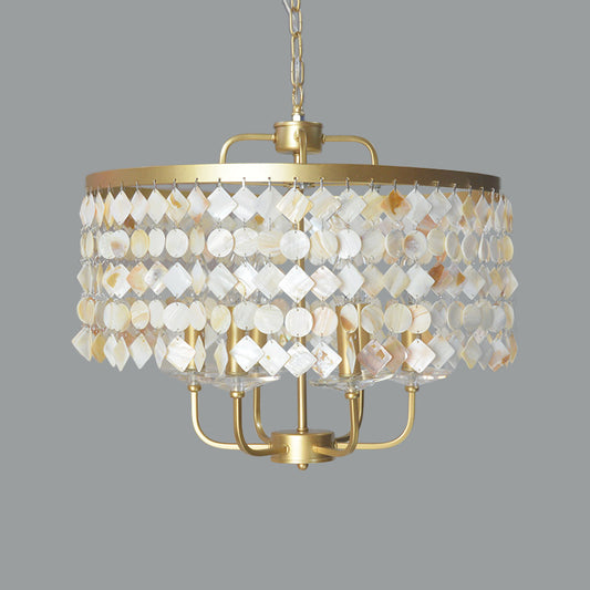 4/6 Bulbs Drum Ceiling Chandelier Traditional Shell Suspended Lighting Fixture in Brass Clearhalo 'Ceiling Lights' 'Chandeliers' Lighting' options 342106