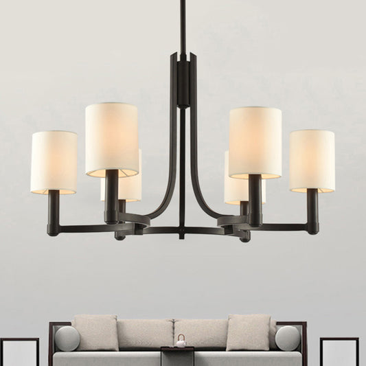 White Cylindrical Chandelier Lamp Traditional Fabric 6 Lights Living Room Hanging Light Clearhalo 'Ceiling Lights' 'Chandeliers' Lighting' options 342124
