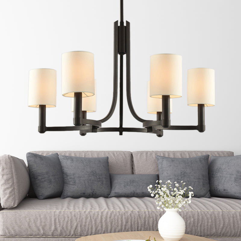White Cylindrical Chandelier Lamp Traditional Fabric 6 Lights Living Room Hanging Light Clearhalo 'Ceiling Lights' 'Chandeliers' Lighting' options 342125