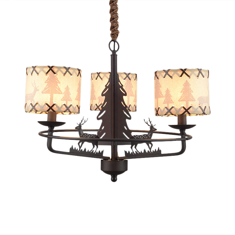 Beige Drum Chandelier Lamp Traditional Fabric 3 Lights Bedroom Hanging Light with Animal Design Clearhalo 'Ceiling Lights' 'Chandeliers' Lighting' options 342151
