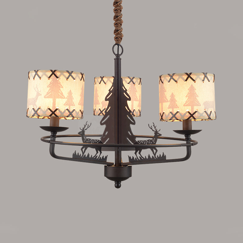 Beige Drum Chandelier Lamp Traditional Fabric 3 Lights Bedroom Hanging Light with Animal Design Clearhalo 'Ceiling Lights' 'Chandeliers' Lighting' options 342152