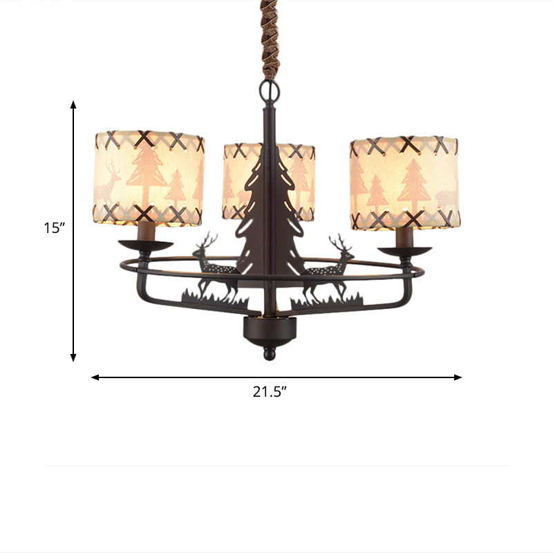 Beige Drum Chandelier Lamp Traditional Fabric 3 Lights Bedroom Hanging Light with Animal Design Clearhalo 'Ceiling Lights' 'Chandeliers' Lighting' options 342153