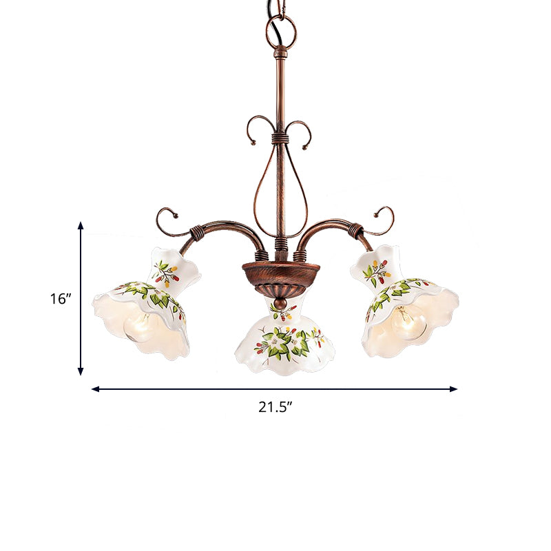 Spur Pendant Chandelier Traditional Frosted Glass 3/5 Bulbs Rust Hanging Ceiling Light with Flower Disk Shade Clearhalo 'Ceiling Lights' 'Chandeliers' 'Glass shade' 'Glass' 'Pendant Lights' Lighting' 342263