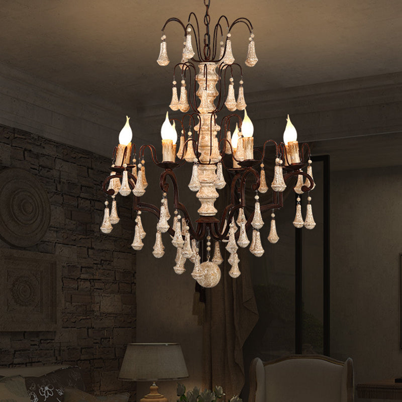 Ivory Tiered Pendant Chandelier Traditional Wooden 8 Heads Living Room Hanging Ceiling Light Clearhalo 'Ceiling Lights' 'Chandeliers' Lighting' options 342301
