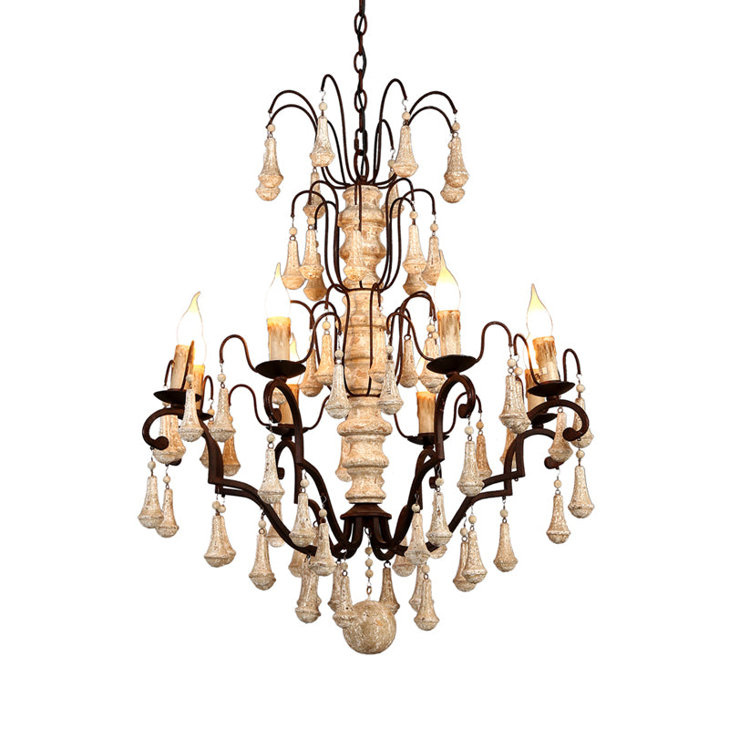 Ivory Tiered Pendant Chandelier Traditional Wooden 8 Heads Living Room Hanging Ceiling Light Clearhalo 'Ceiling Lights' 'Chandeliers' Lighting' options 342302