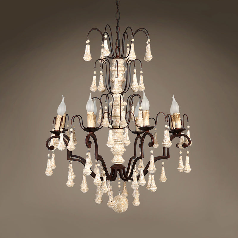 Ivory Tiered Pendant Chandelier Traditional Wooden 8 Heads Living Room Hanging Ceiling Light Clearhalo 'Ceiling Lights' 'Chandeliers' Lighting' options 342303