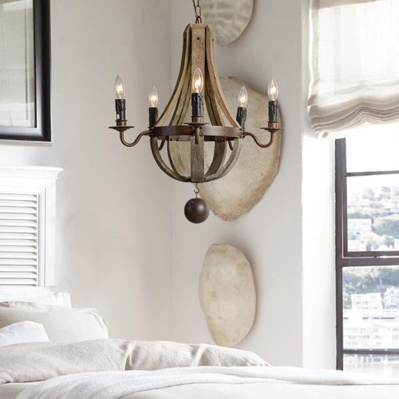5/6 Lights Chandelier Lighting Fixture Rustic Wine Barrel Wood Hanging Light in Brown for Bedroom Clearhalo 'Ceiling Lights' 'Chandeliers' Lighting' options 342311