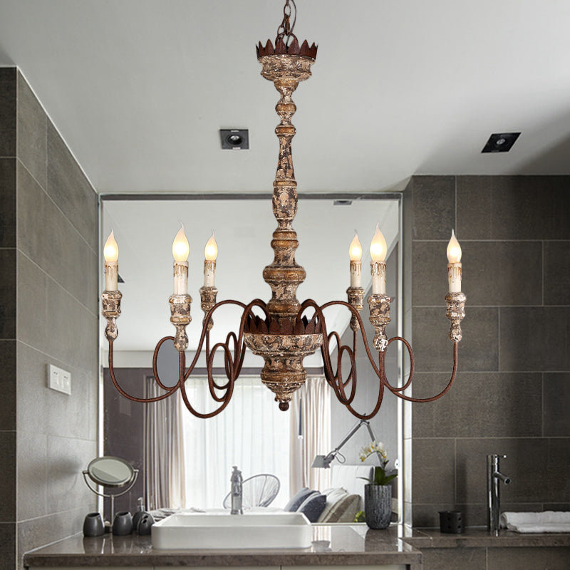 Candle Wooden Pendant Lighting Traditional 6-Bulb Living Room Chandelier Light with Swirling Arm in Rust Clearhalo 'Ceiling Lights' 'Chandeliers' Lighting' options 342328