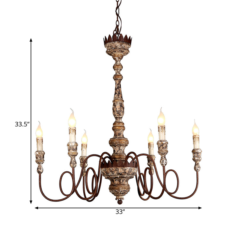Candle Wooden Pendant Lighting Traditional 6-Bulb Living Room Chandelier Light with Swirling Arm in Rust Clearhalo 'Ceiling Lights' 'Chandeliers' Lighting' options 342332