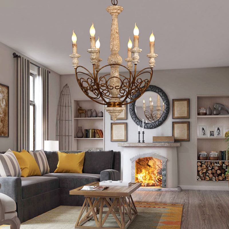 Brass 6 Lights Chandelier Lighting Rustic Wooden Candelabra Pendant Lamp for Living Room Clearhalo 'Ceiling Lights' 'Chandeliers' Lighting' options 342334