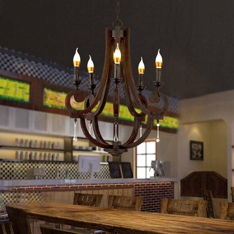 Brown Candle Pendant Chandelier Rural Wooden 5 Heads Restaurant Hanging Ceiling Light Clearhalo 'Ceiling Lights' 'Chandeliers' Lighting' options 342344