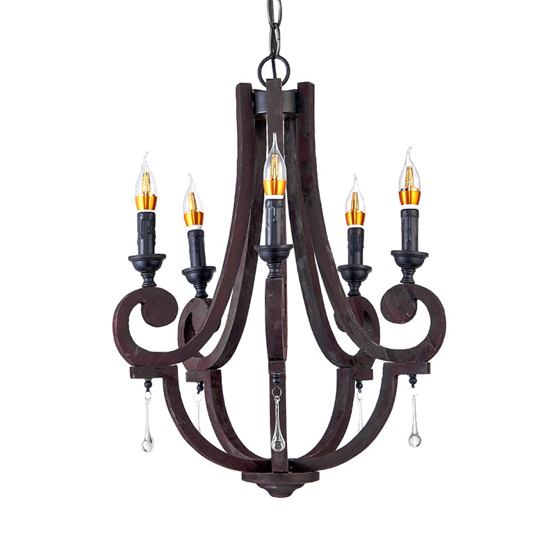 Brown Candle Pendant Chandelier Rural Wooden 5 Heads Restaurant Hanging Ceiling Light Clearhalo 'Ceiling Lights' 'Chandeliers' Lighting' options 342346
