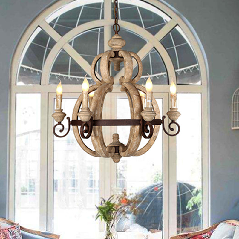 6-Light Chandelier Light Antique Living Room Suspension Pendant with Candle Wood in Beige Clearhalo 'Ceiling Lights' 'Chandeliers' Lighting' options 342359