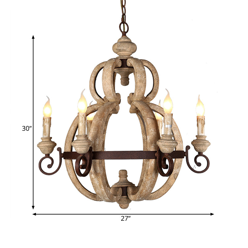 6-Light Chandelier Light Antique Living Room Suspension Pendant with Candle Wood in Beige Clearhalo 'Ceiling Lights' 'Chandeliers' Lighting' options 342362
