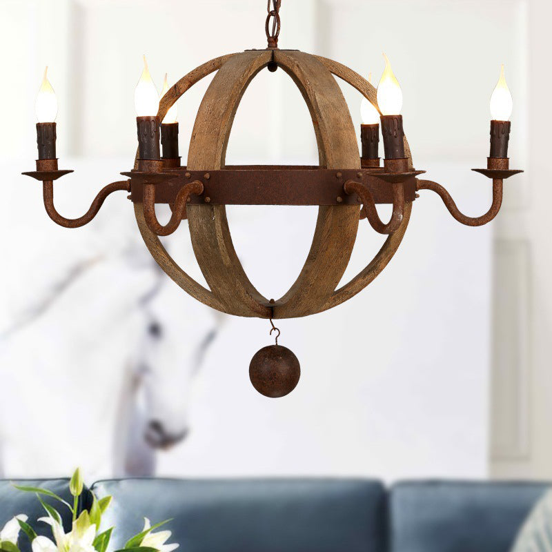 Globe Wooden Ceiling Light Traditional 6/8-Bulb Dining Room Pendant Chandelier in Brown Clearhalo 'Ceiling Lights' 'Chandeliers' Lighting' options 342363