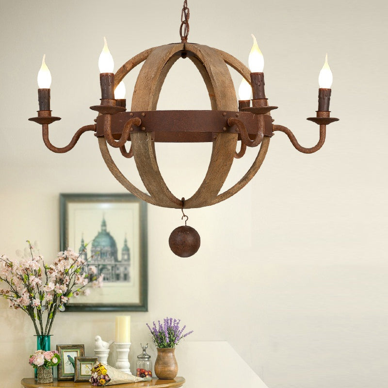 Globe Wooden Ceiling Light Traditional 6/8-Bulb Dining Room Pendant Chandelier in Brown Clearhalo 'Ceiling Lights' 'Chandeliers' Lighting' options 342364