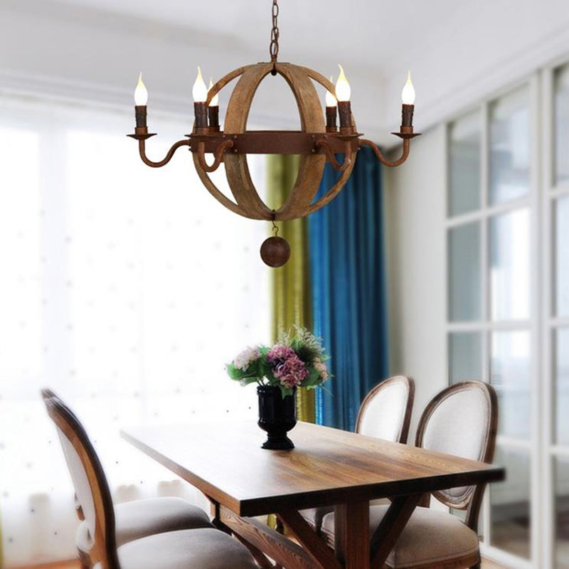 Globe Wooden Ceiling Light Traditional 6/8-Bulb Dining Room Pendant Chandelier in Brown Clearhalo 'Ceiling Lights' 'Chandeliers' Lighting' options 342365