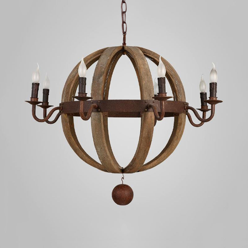 Globe Wooden Ceiling Light Traditional 6/8-Bulb Dining Room Pendant Chandelier in Brown Clearhalo 'Ceiling Lights' 'Chandeliers' Lighting' options 342369