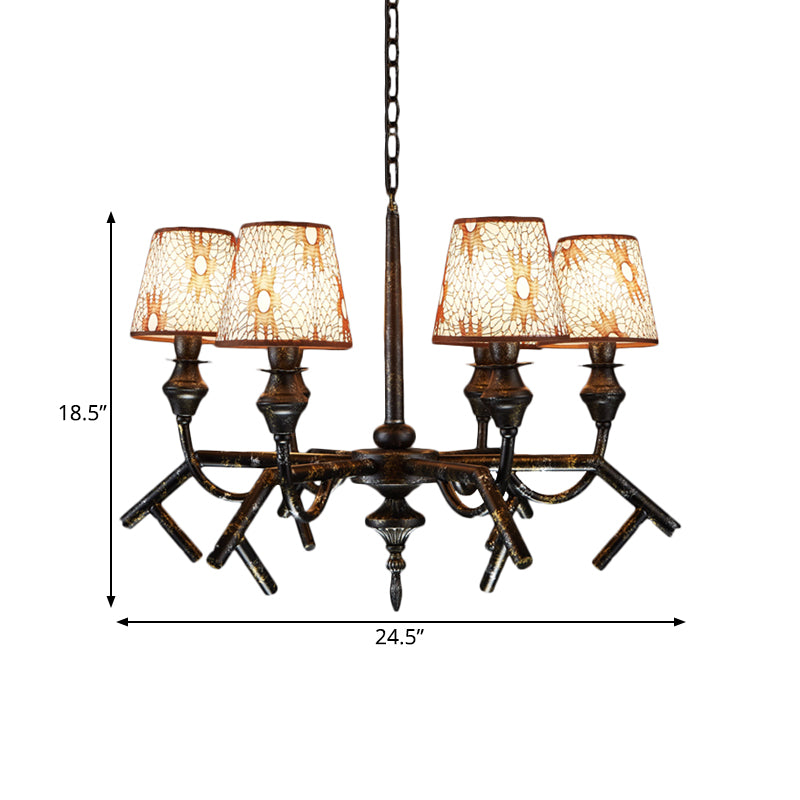 6 Lights Fabric Chandelier Lamp Traditional Brass Conical Restaurant Down Lighting Pendant Clearhalo 'Ceiling Lights' 'Chandeliers' Lighting' options 342385