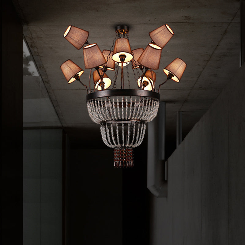 Copper Cascade Pendant Chandelier Vintage Fabric 12 Heads Restaurant Hanging Ceiling Light Clearhalo 'Ceiling Lights' 'Chandeliers' Lighting' options 342393