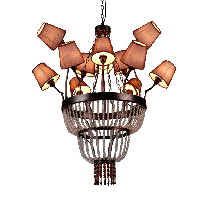 Copper Cascade Pendant Chandelier Vintage Fabric 12 Heads Restaurant Hanging Ceiling Light Clearhalo 'Ceiling Lights' 'Chandeliers' Lighting' options 342394