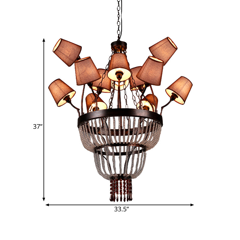 Copper Cascade Pendant Chandelier Vintage Fabric 12 Heads Restaurant Hanging Ceiling Light Clearhalo 'Ceiling Lights' 'Chandeliers' Lighting' options 342395