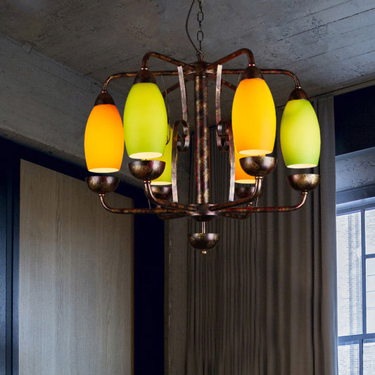 Rust 6 Lights Chandelier Lighting Rural Orange and Green Glass Curved Shade Pendant Lamp for Bar Clearhalo 'Ceiling Lights' 'Chandeliers' 'Close To Ceiling Lights' 'Glass shade' 'Glass' Lighting' 342417