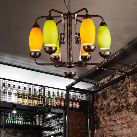 Rust 6 Lights Chandelier Lighting Rural Orange and Green Glass Curved Shade Pendant Lamp for Bar Clearhalo 'Ceiling Lights' 'Chandeliers' 'Close To Ceiling Lights' 'Glass shade' 'Glass' Lighting' 342418