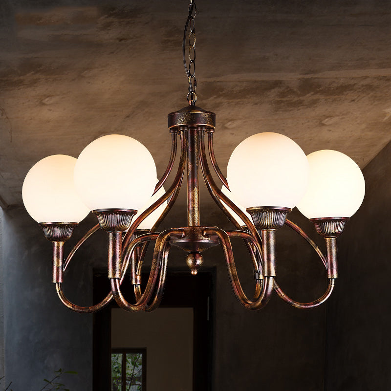 Opal Glass Sphere Chandelier Lamp Rural 6-Head Restaurant Pendant Ceiling Light in Rust Rust Clearhalo 'Ceiling Lights' 'Chandeliers' 'Close To Ceiling Lights' 'Glass shade' 'Glass' Lighting' 342421
