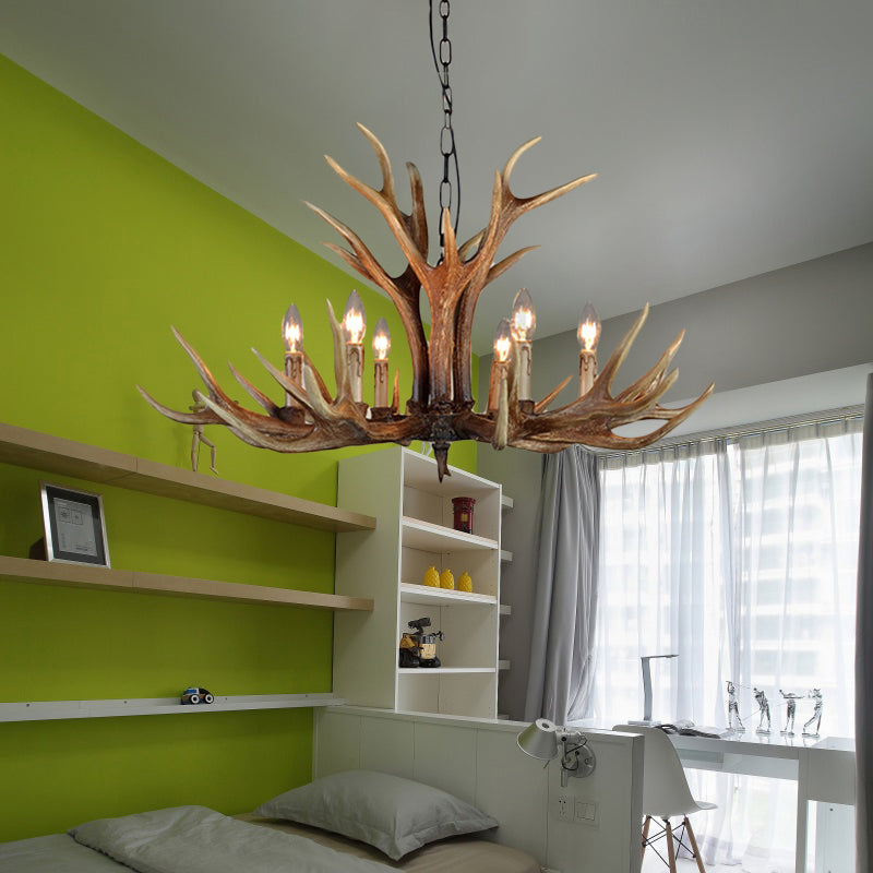 Wood Candle Pendant Chandelier Rural Resin 6/8/12 Heads Living Room Hanging Ceiling Light Clearhalo 'Ceiling Lights' 'Chandeliers' Lighting' options 342427