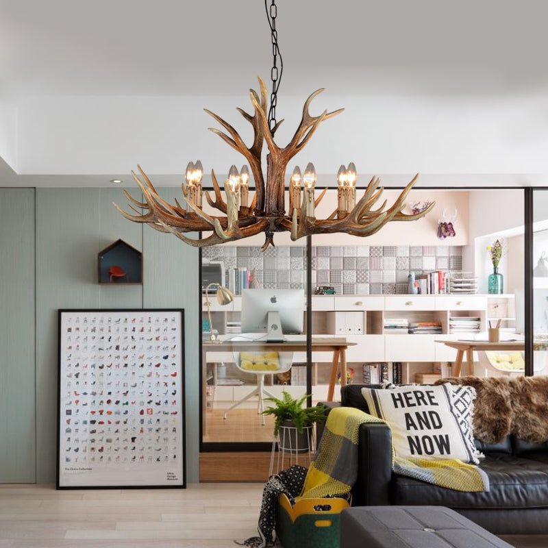 Wood Candle Pendant Chandelier Rural Resin 6/8/12 Heads Living Room Hanging Ceiling Light Clearhalo 'Ceiling Lights' 'Chandeliers' Lighting' options 342433