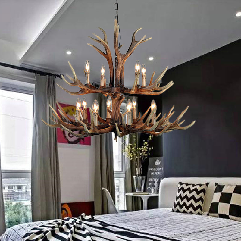 Wood Candle Pendant Chandelier Rural Resin 6/8/12 Heads Living Room Hanging Ceiling Light Clearhalo 'Ceiling Lights' 'Chandeliers' Lighting' options 342437