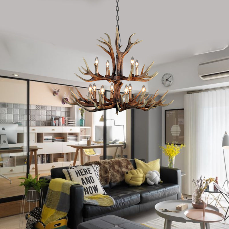 Wood Candle Pendant Chandelier Rural Resin 6/8/12 Heads Living Room Hanging Ceiling Light Clearhalo 'Ceiling Lights' 'Chandeliers' Lighting' options 342438