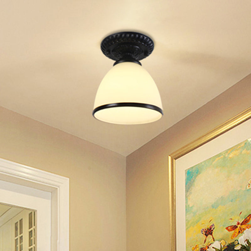 1 Light White Glass Flush Light Fixture Traditional Black Cone Corridor Ceiling Lighting Clearhalo 'Ceiling Lights' 'Close To Ceiling Lights' 'Close to ceiling' 'Flush mount' Lighting' 342529