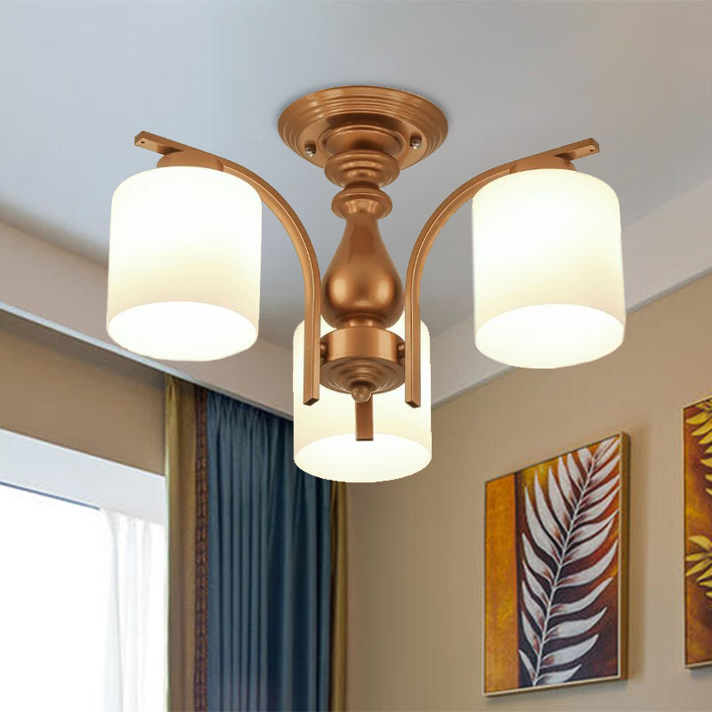 3/5/6 Lights Living Room Ceiling Light Fixture Traditional Gold Semi Flush with Cylinder Frosted Glass Shade 3 Gold Clearhalo 'Ceiling Lights' 'Close To Ceiling Lights' 'Close to ceiling' 'Glass shade' 'Glass' 'Semi-flushmount' Lighting' 342560