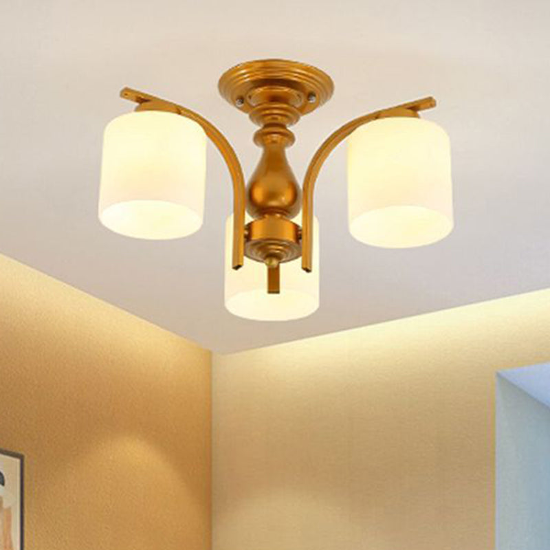 3/5/6 Lights Living Room Ceiling Light Fixture Traditional Gold Semi Flush with Cylinder Frosted Glass Shade Clearhalo 'Ceiling Lights' 'Close To Ceiling Lights' 'Close to ceiling' 'Glass shade' 'Glass' 'Semi-flushmount' Lighting' 342561