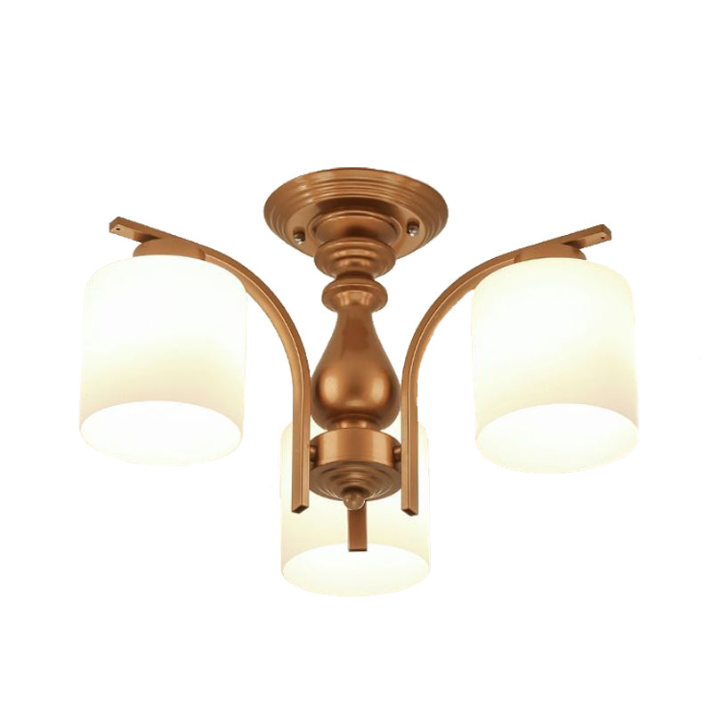 3/5/6 Lights Living Room Ceiling Light Fixture Traditional Gold Semi Flush with Cylinder Frosted Glass Shade Clearhalo 'Ceiling Lights' 'Close To Ceiling Lights' 'Close to ceiling' 'Glass shade' 'Glass' 'Semi-flushmount' Lighting' 342562