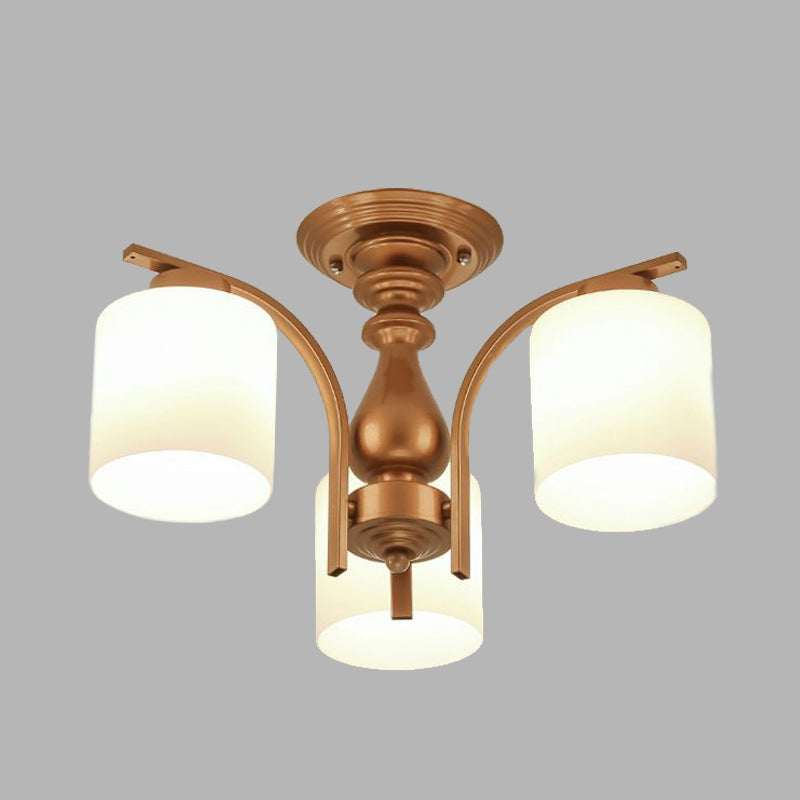 3/5/6 Lights Living Room Ceiling Light Fixture Traditional Gold Semi Flush with Cylinder Frosted Glass Shade Clearhalo 'Ceiling Lights' 'Close To Ceiling Lights' 'Close to ceiling' 'Glass shade' 'Glass' 'Semi-flushmount' Lighting' 342563