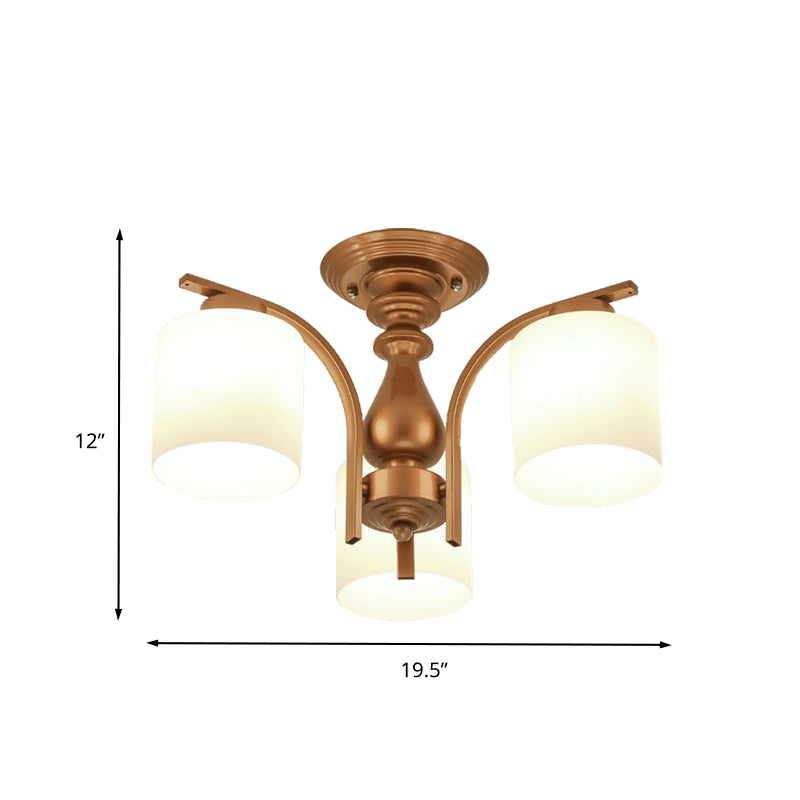 3/5/6 Lights Living Room Ceiling Light Fixture Traditional Gold Semi Flush with Cylinder Frosted Glass Shade Clearhalo 'Ceiling Lights' 'Close To Ceiling Lights' 'Close to ceiling' 'Glass shade' 'Glass' 'Semi-flushmount' Lighting' 342564