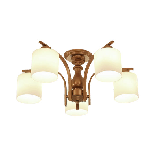 3/5/6 Lights Living Room Ceiling Light Fixture Traditional Gold Semi Flush with Cylinder Frosted Glass Shade 5 Gold Clearhalo 'Ceiling Lights' 'Close To Ceiling Lights' 'Close to ceiling' 'Glass shade' 'Glass' 'Semi-flushmount' Lighting' 342565