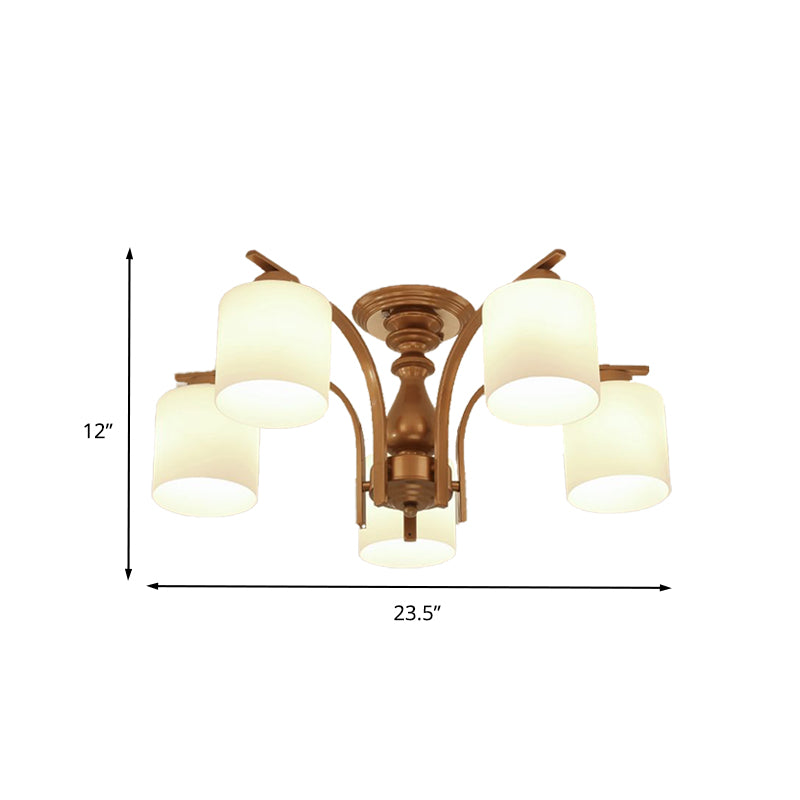 3/5/6 Lights Living Room Ceiling Light Fixture Traditional Gold Semi Flush with Cylinder Frosted Glass Shade Clearhalo 'Ceiling Lights' 'Close To Ceiling Lights' 'Close to ceiling' 'Glass shade' 'Glass' 'Semi-flushmount' Lighting' 342566