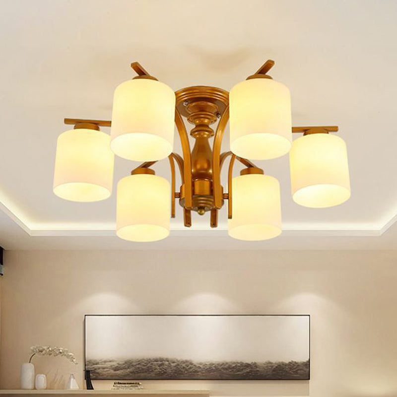 3/5/6 Lights Living Room Ceiling Light Fixture Traditional Gold Semi Flush with Cylinder Frosted Glass Shade 6 Gold Clearhalo 'Ceiling Lights' 'Close To Ceiling Lights' 'Close to ceiling' 'Glass shade' 'Glass' 'Semi-flushmount' Lighting' 342567